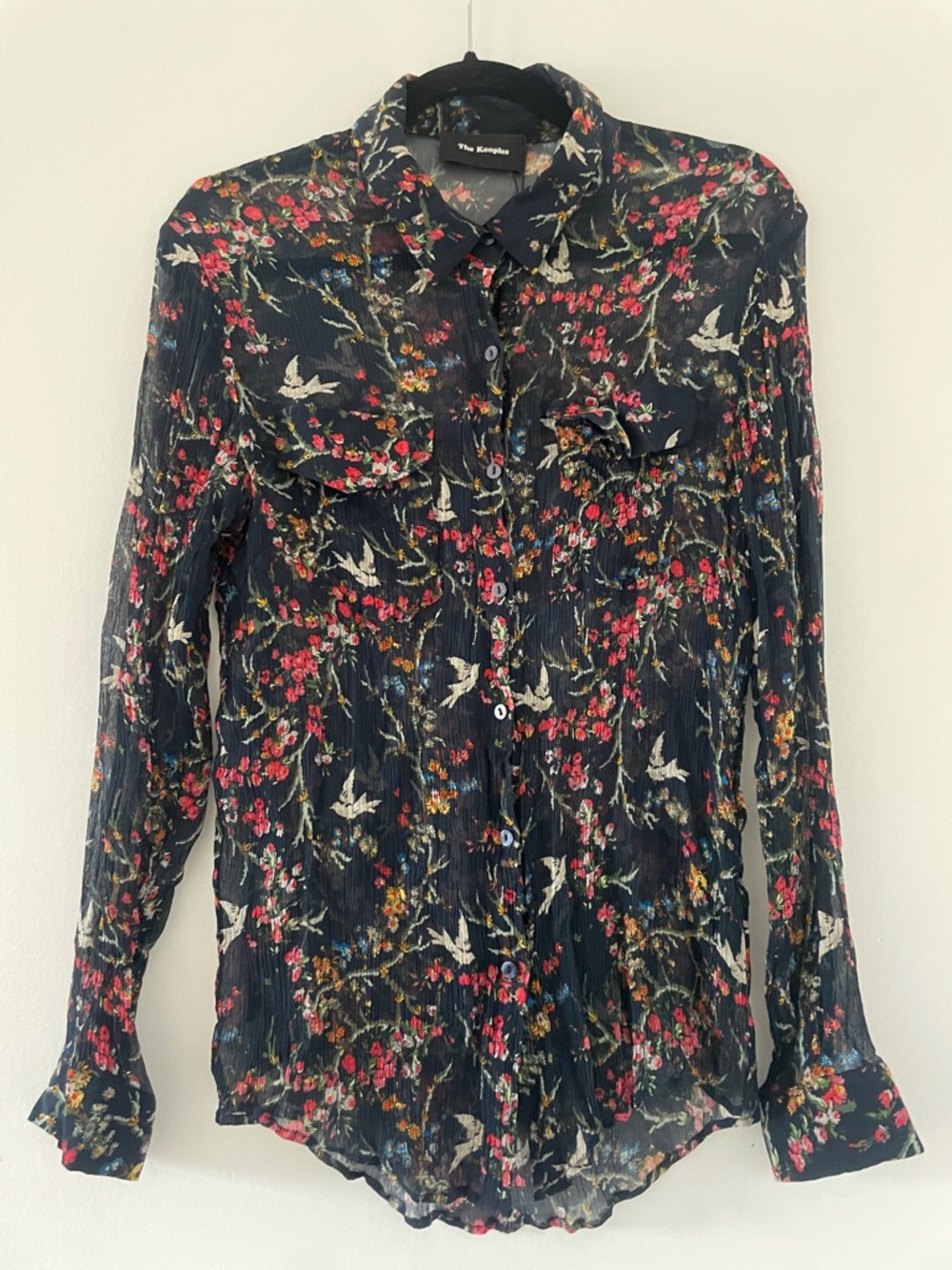 The Kooples Black Floral & Bird Print Button-Down Shirt 100% Silk